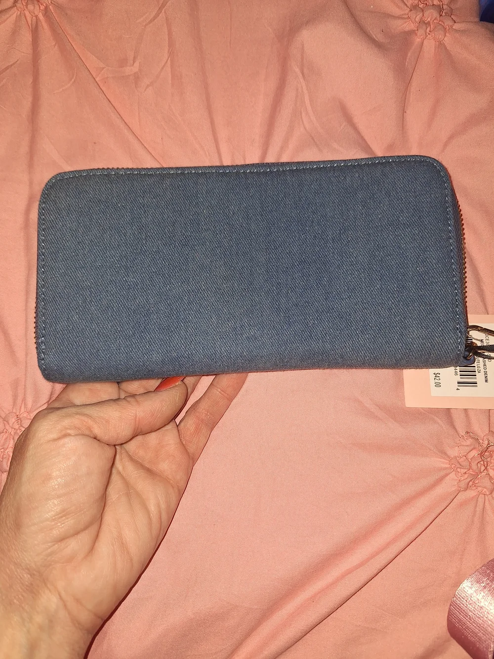 EXCLUSIVE Juicy Couture Blue Denim Zip Wallet with Pink Logo Strap